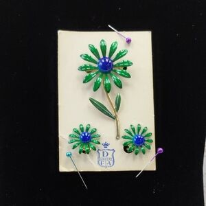 Green and Blue Flower Brooch Set